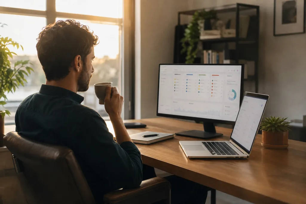 A person sitting back with a coffee, watching a dashboard on a second monitor where work moves through stages.
